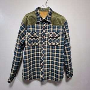 Mens Faux Sherpa Lined Plaid Flannel Jacket w/ Corduroy Shoulders Warm Size XL